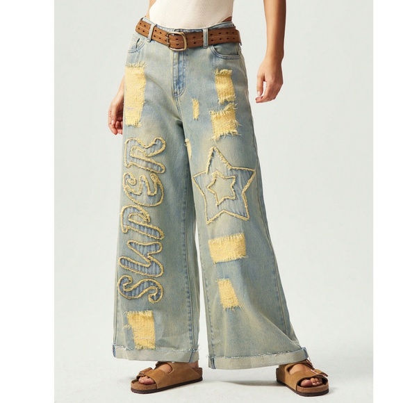 Light Wash Distressed Wide Leg Star Denim Jeans Pants